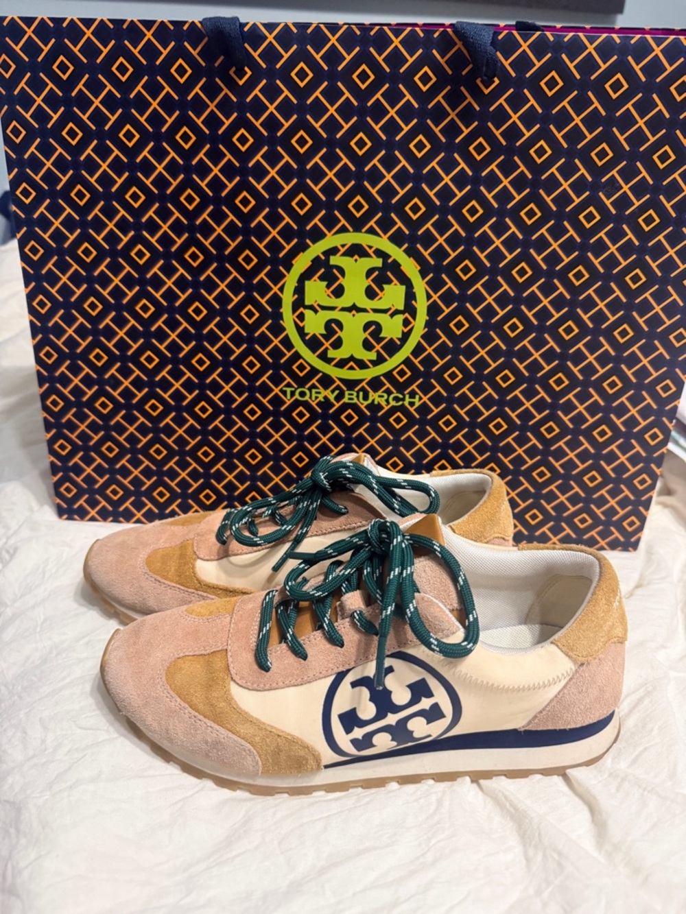 Tory Burch Pink, Tan & Green Suede Logo Sneakers